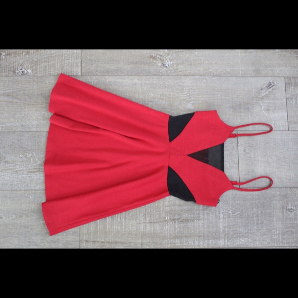 Red mini dress with mesh cut outs